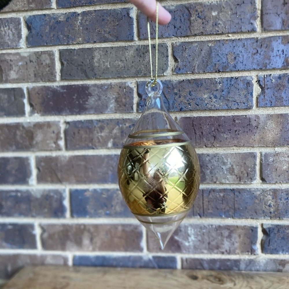 Gold Painted Clear Glass Christmas Ornament 7 Inch Long 3 Inch Wide SCRATCHED